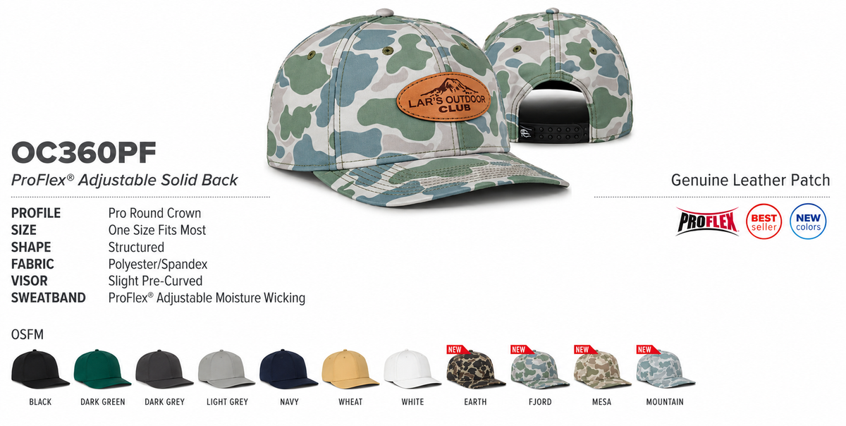 Outdoor Cap OC360PF ProFlex Adjustable Solid Back colors