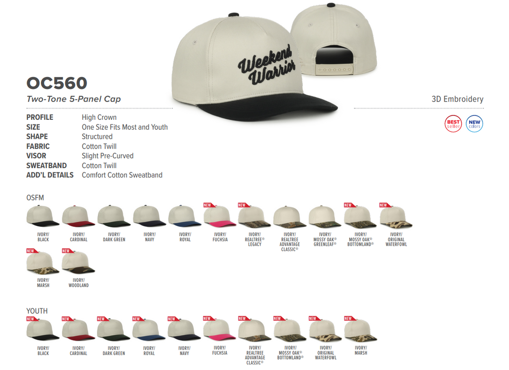 Outdoor Cap OC560 Two-Tone 5-Panel Cap colors and sizes
