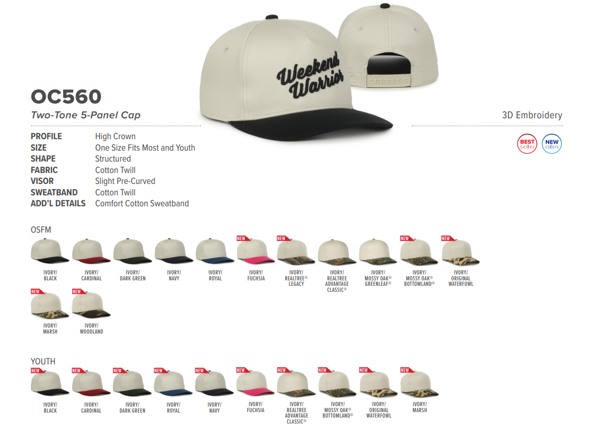 Outdoor Cap OC560 Two-Tone 5-Panel Cap colors and sizes