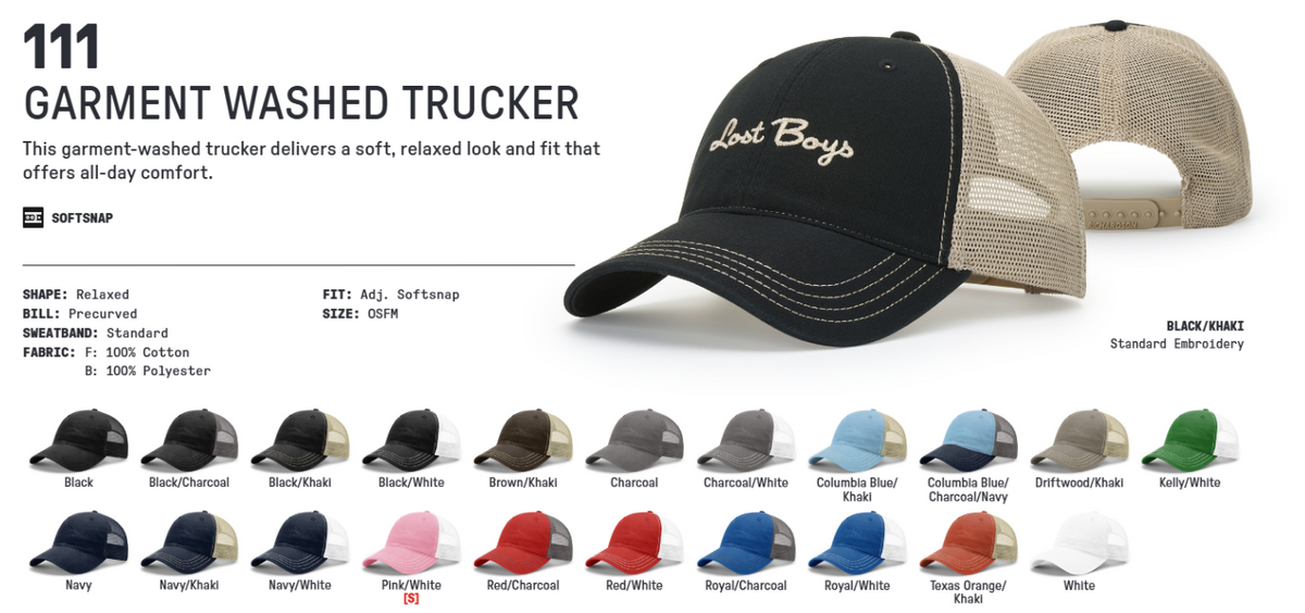 Richardson 111 Garment Washed Trucker catalog and 21 available colors