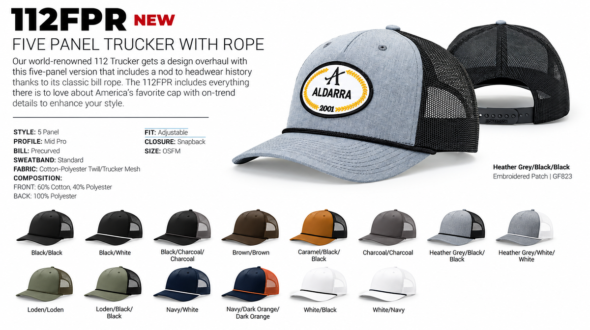 Richardson 112FPR Five Panel Trucker With Rope specifications and 14 color options