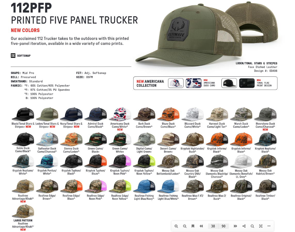 Richardson 112PFP Printed Five Panel Trucker catalog and available colors