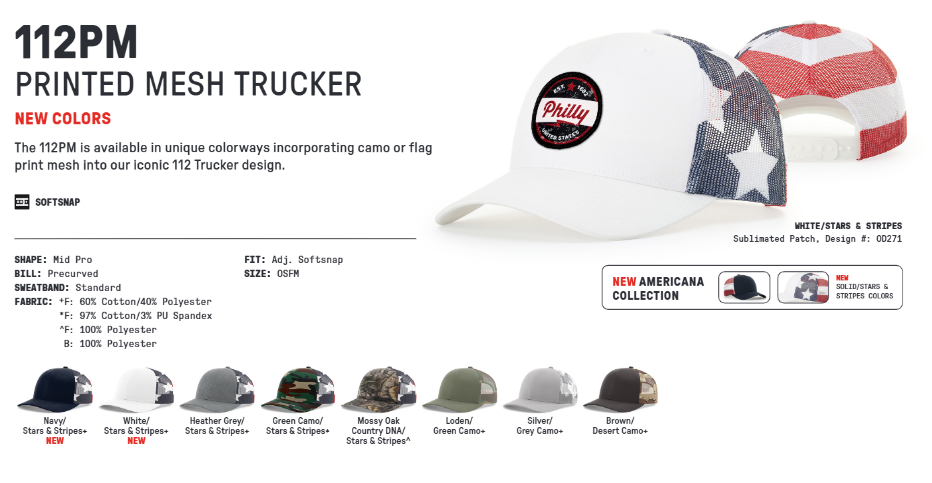 Richardson 112PM Printed Mesh Trucker catalog and available colors