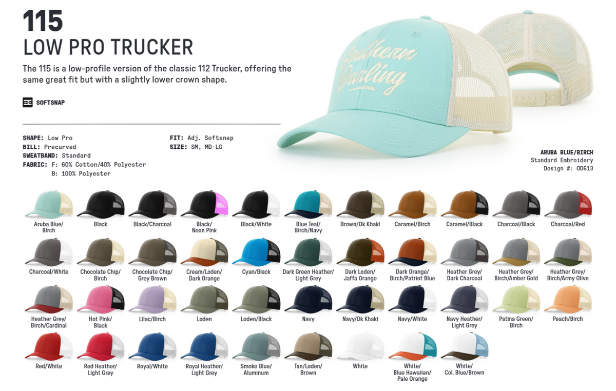 Richardson 115 Low Pro Trucker catalog and 42 available color options
