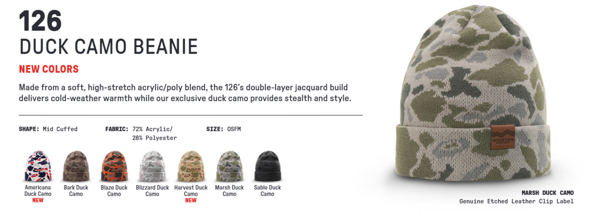 Richardson 126 Duck Camo Beanie and seven camouflage colors