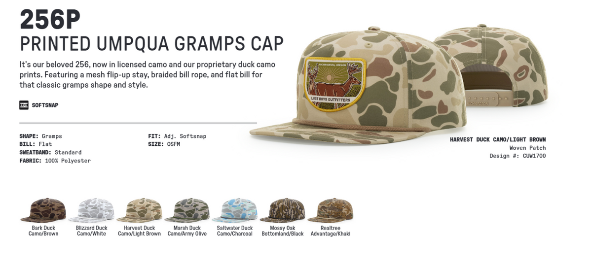Richardson 256P Printed Umpqua Gramps Cap catalog and available options