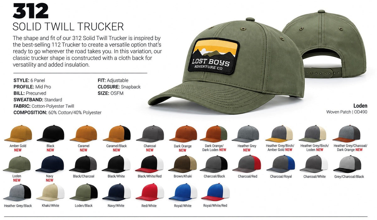 Richardson 312 Solid Twill Trucker catalog and available options