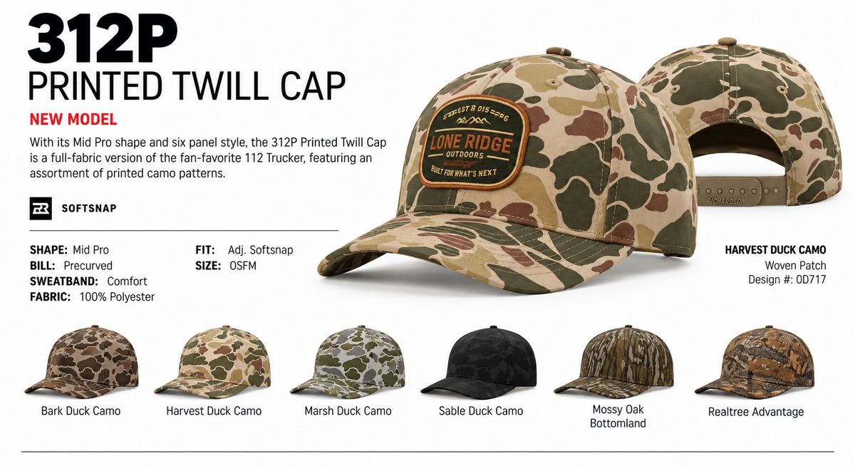 Richardson 312P Printed Twill Cap catalog and available options